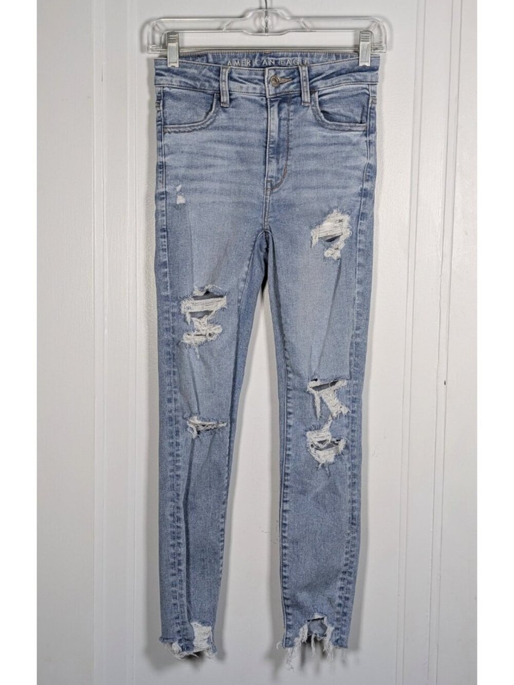 American Eagle Stretch Jeans Distressed Light Blue Size 0 Short Womens High Rise